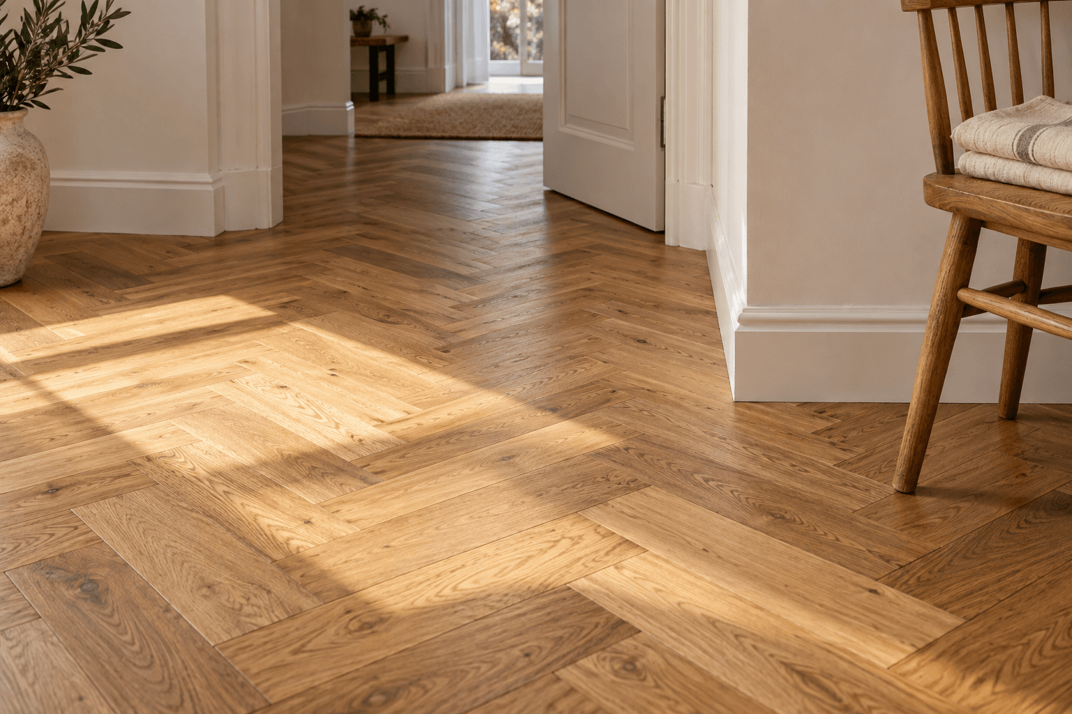 Natural oak herringbone parquet floor meeting a white doorway beside a timber chair.