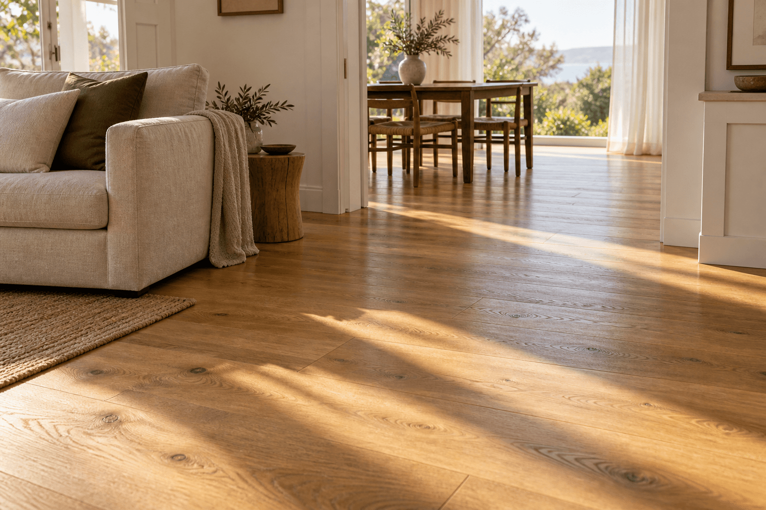 Warm oak floorboards flowing through a softly lit living and dining room with linen furnishings.